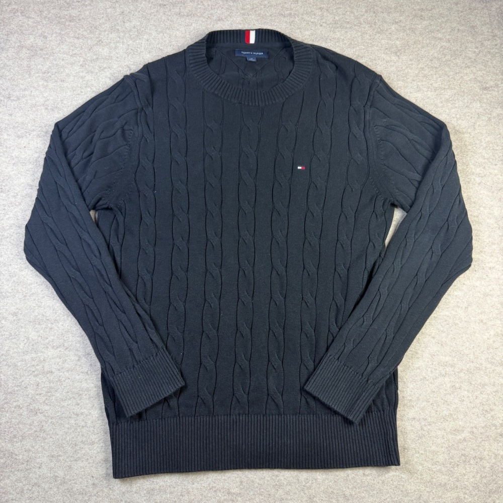 Tommy Hilfiger Mens Black Cable Knit Crewneck Sweater Large Pullover Logo